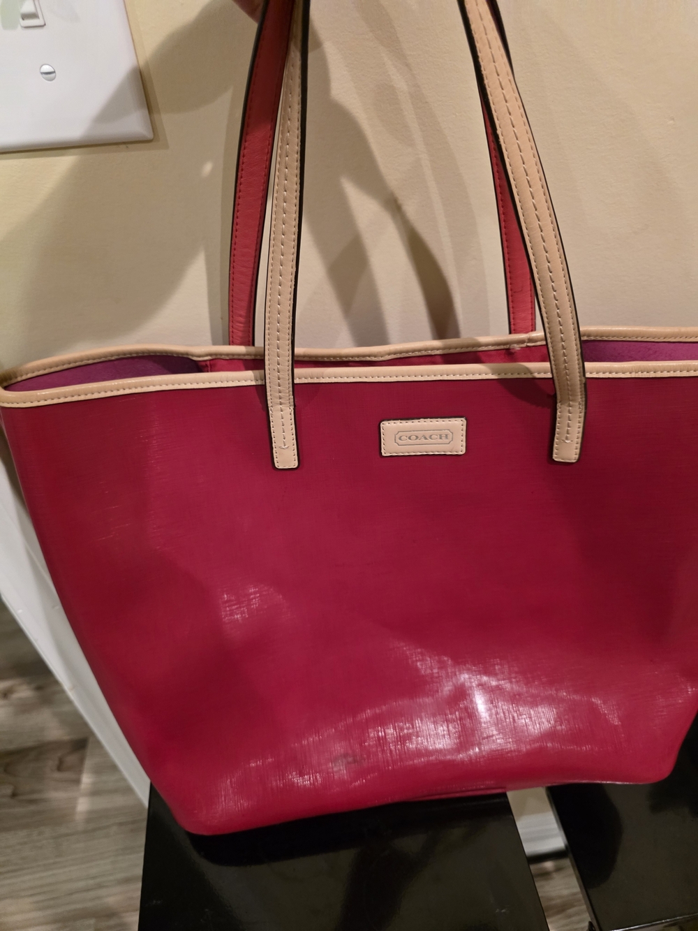 Coach Park Metro Red Patent Leather Tote with Tan Trim